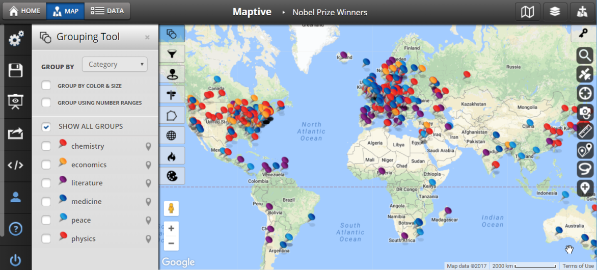 GIS Mapping Software Geographic Information Systems Maptive   Nobel Prize Winners Map 1172x530 