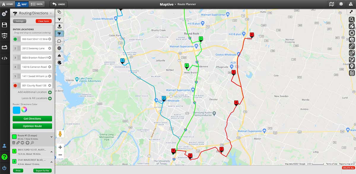 trip planner map with multiple stops