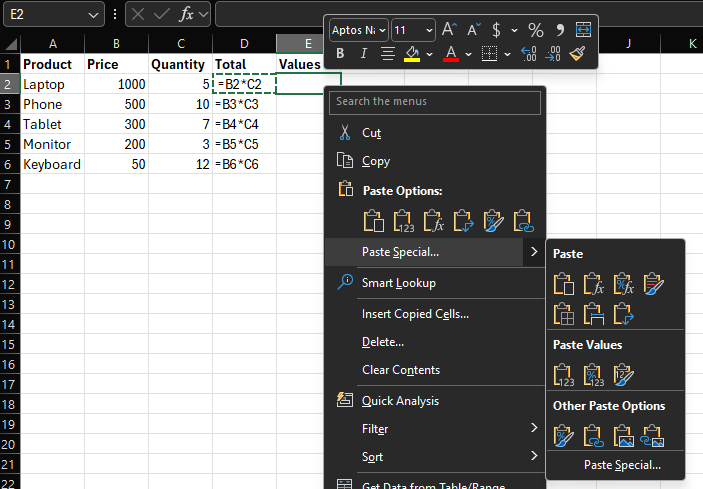 In the Paste Special dialog, choose Values and click OK